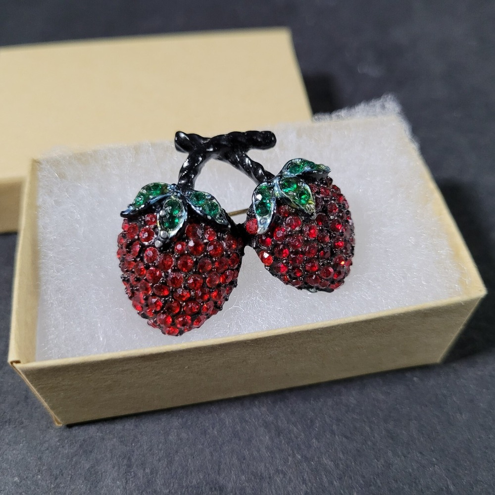Weiss Double Strawberry Japanned Brooch Pin Base and Red Rhinestones Vintage